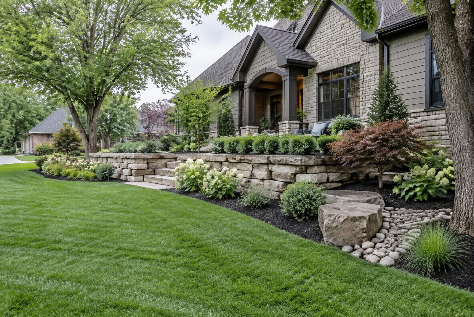 Finished landscaped yard with a stone retaining wall and healthy lawn